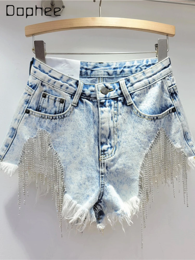 Tassel Sparkling Rhinestones Chain High Waist A- Line Denim Shorts Spring Summer Tide Frayed Edge Ripped Hot Pants for Women