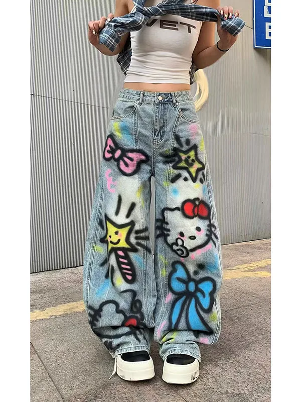 

American Retro fiti Print Curved Knife Jeans Women's Autumn 2025 New Low Waist Loose Wide Leg Scythe Pants