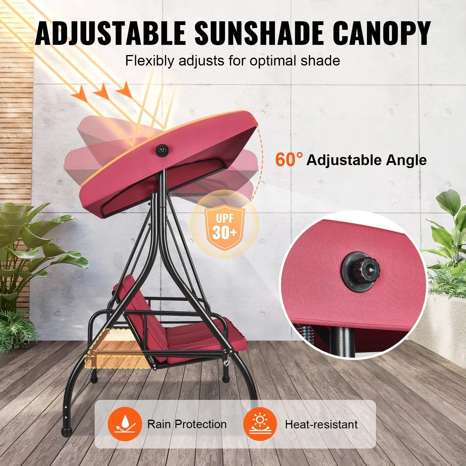 3-Seat Burgundy Canopy Swing Chair for Outdoor Patio Adjustable Removable Thick Cushion Alloy Steel Frame Backyard Furnitureprom