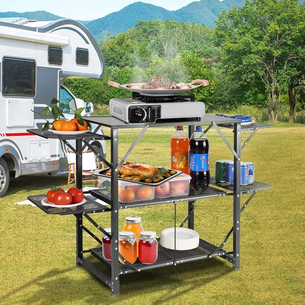 

Camping Kitchen Table, Aluminum Folding Portable Outdoor Cook Station with 4 Iron Side, 2 Shelves & Carrying Bag,