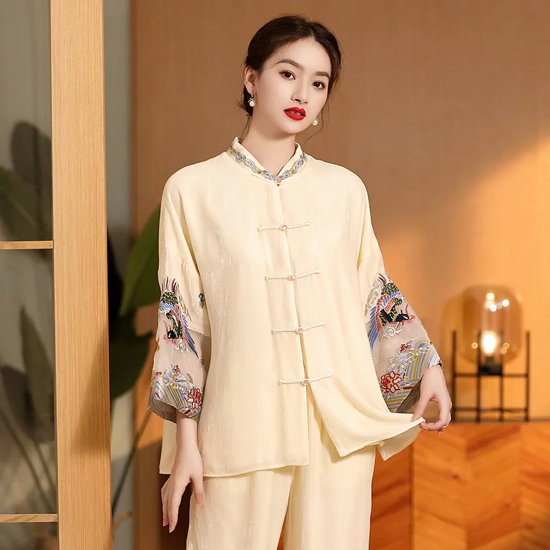 

High-end Spring Autumn Top Chinese Tang Attire Retro Embroidery Elegant Lady Silk Velvet Loose Coat Female S-XXL