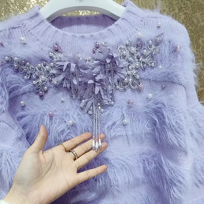 Fairy Pearls Beaded Tassels 3D Flowers Embroidery Mohair Sweater Purple Mink Jumpers Cashmere Pullovers Plush  Knitwear Crop