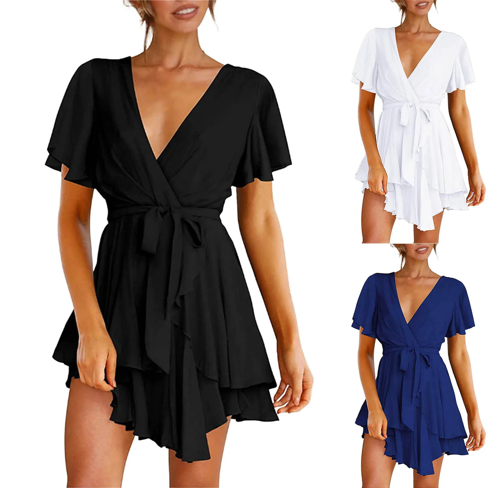 

Elegant Dresses Women V Neck Short Sleeve Dress Female 2022 Summer Waist Tie Ruffle Mini Swing Skater Dresses Ladies Vestidos