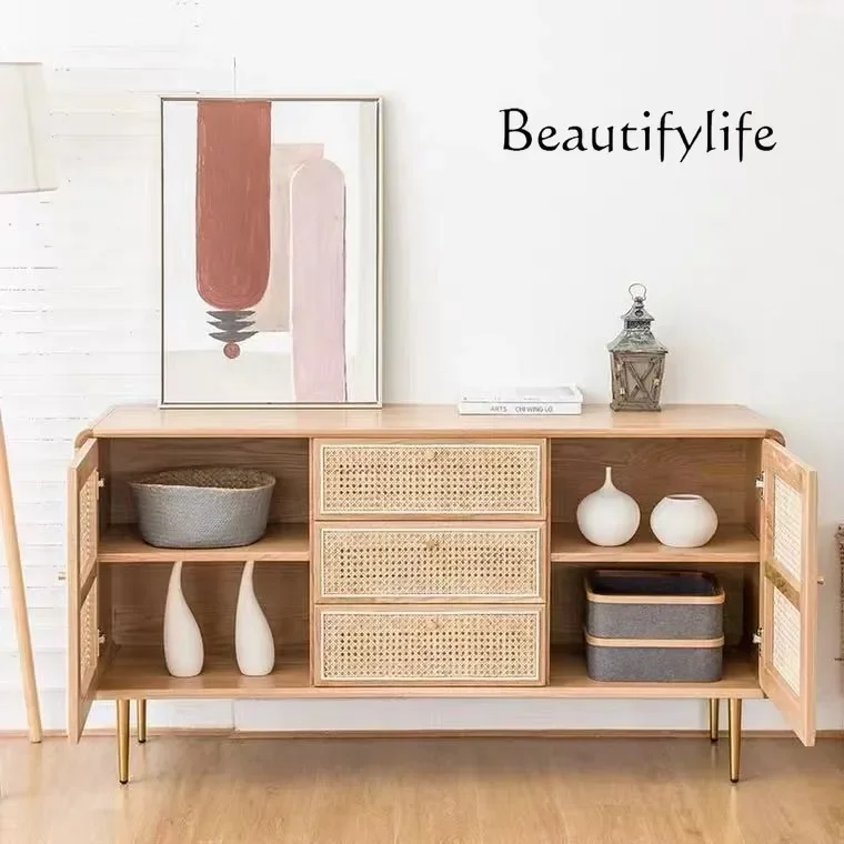 

household modern simple drawer rattan locker Nordic medieval solid wood three-bucket cabinet