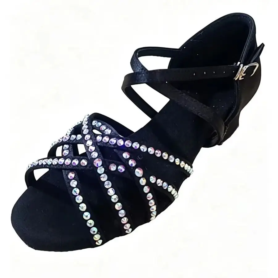 Rhinestone Kids Latin Dance Shoes Soft Sole Girls Black Salsa Tango Performance Low Heel Sparkly Children Ballroom Dance Sandals