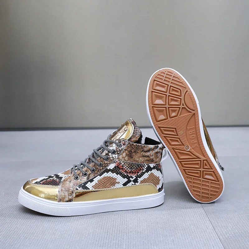 

Trend Men Vulcanized Shoes Snakeskin Printing Leather Golden Sneakers Man High Top Skateboard Shoes For Men Zapatillas De Hombre