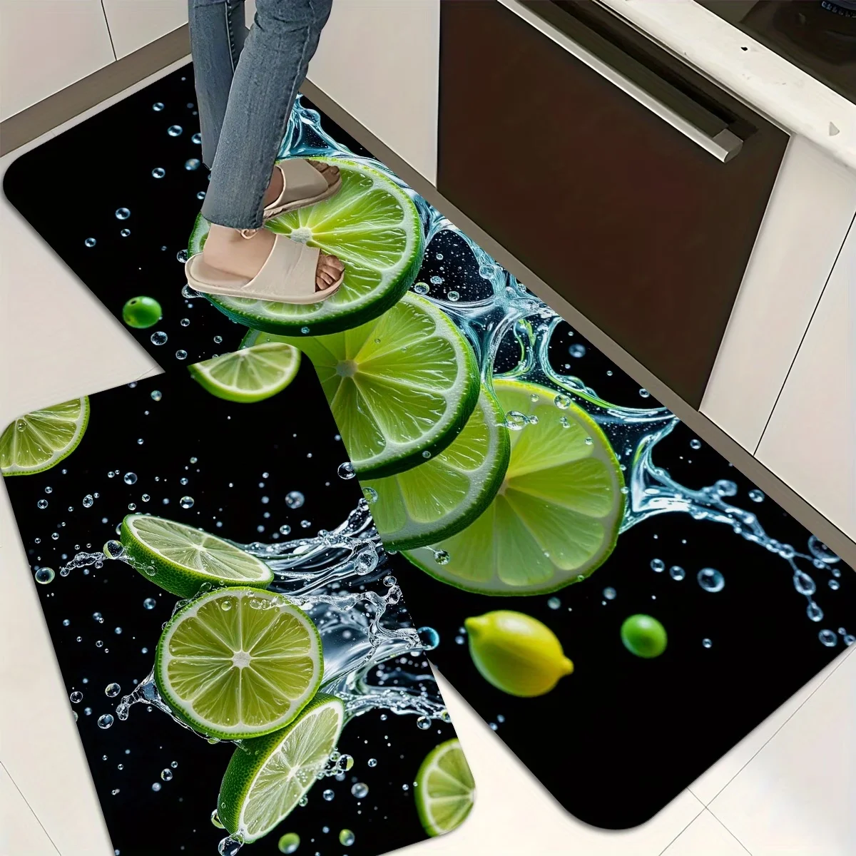 Modern Black Lime Kitchen Mat Non Slip 3D Realistic Fruit Splash Floor Rug Washable Decorative Runner for Hallway Home Decor Mat