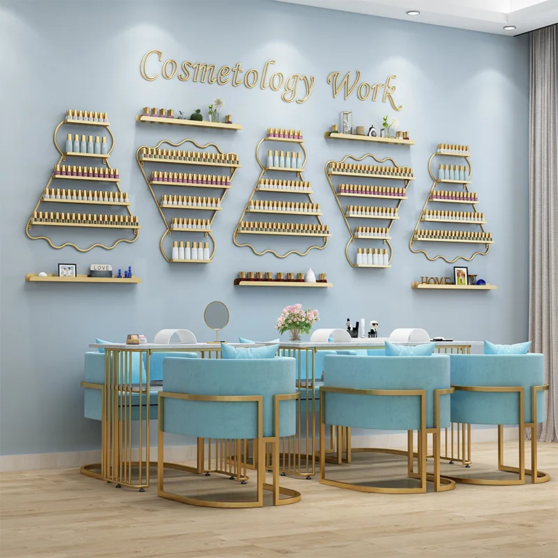 Wrought iron wall manicure display rack, simple ins nail polish glue shelf, golden badminton wall rack
