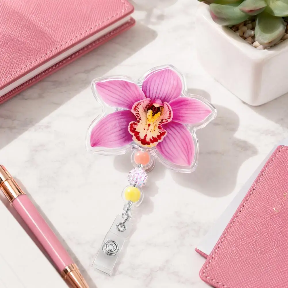 Decorative Id Badge Reel for Nurses Cute Flower Badge Reels with Beaded Charm Retractable Nurse Id Holder Metal for Office