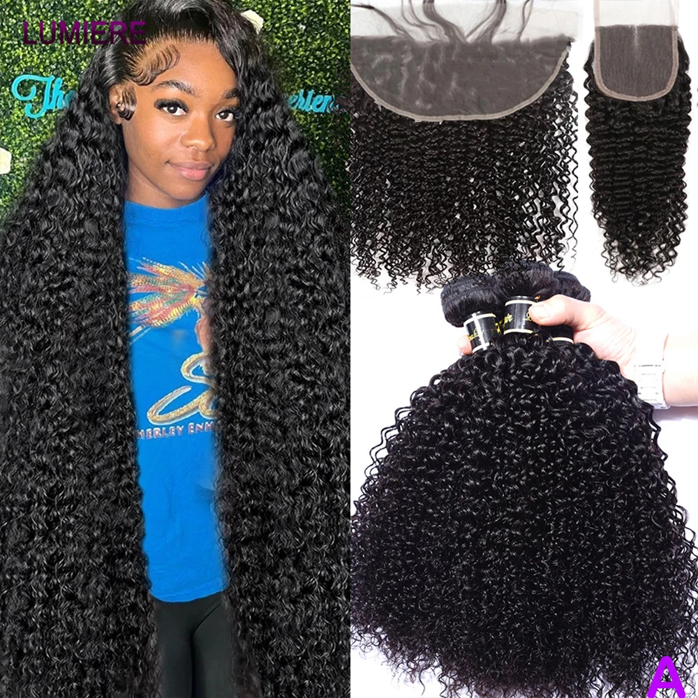 Virgin Raw Afro Kinky Deep Curly Bundle With Closure Wet and Wavy Human Hair Bundle With Frontal Closure HD Transparent Hair Ext
