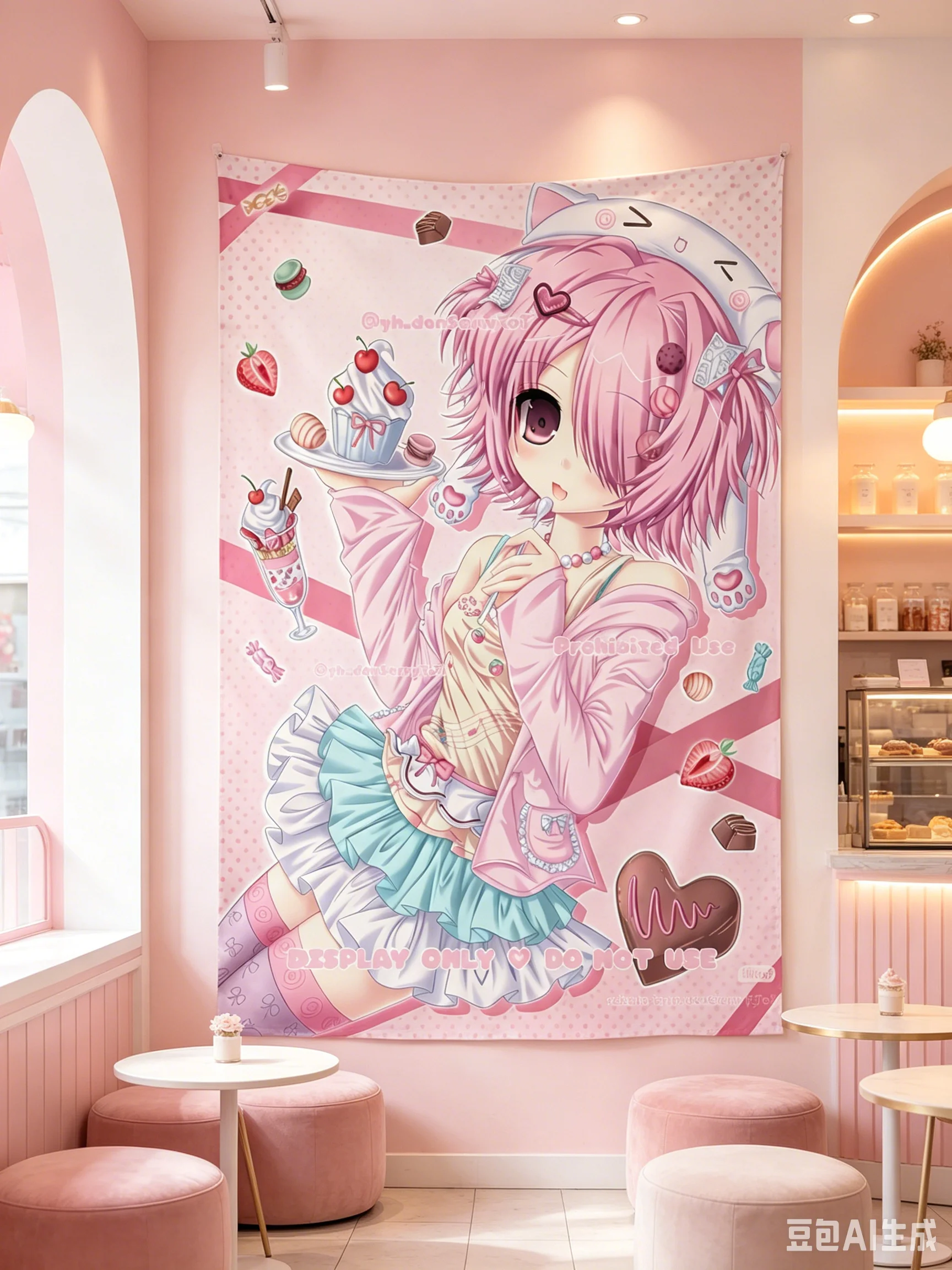Rosa Haar Katzenohren Süßes Dessert Anime Mädchen Wandteppich Kawaii Pastell Mädchen Schlafzimmer Wandbehang – Detail 6