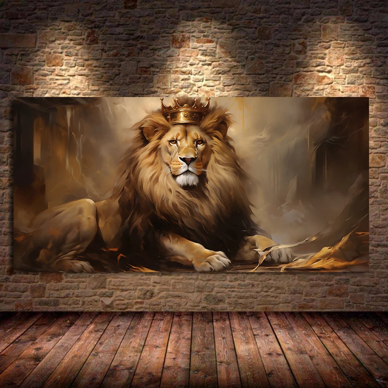 Large Frameless Canvas Wall Art,Lion King with Crown Canvas Painting Lions Smoking Romantic Couple Bedroom Wall Art Poster for L