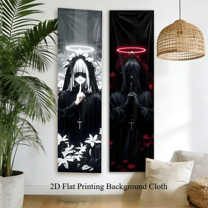 Gothic Dark Angel Vertical Banner 2D Flat Tapestry, Dark Floral Aesthetic Wall Hanging, Long Strip Decor for Bedroom Living Room