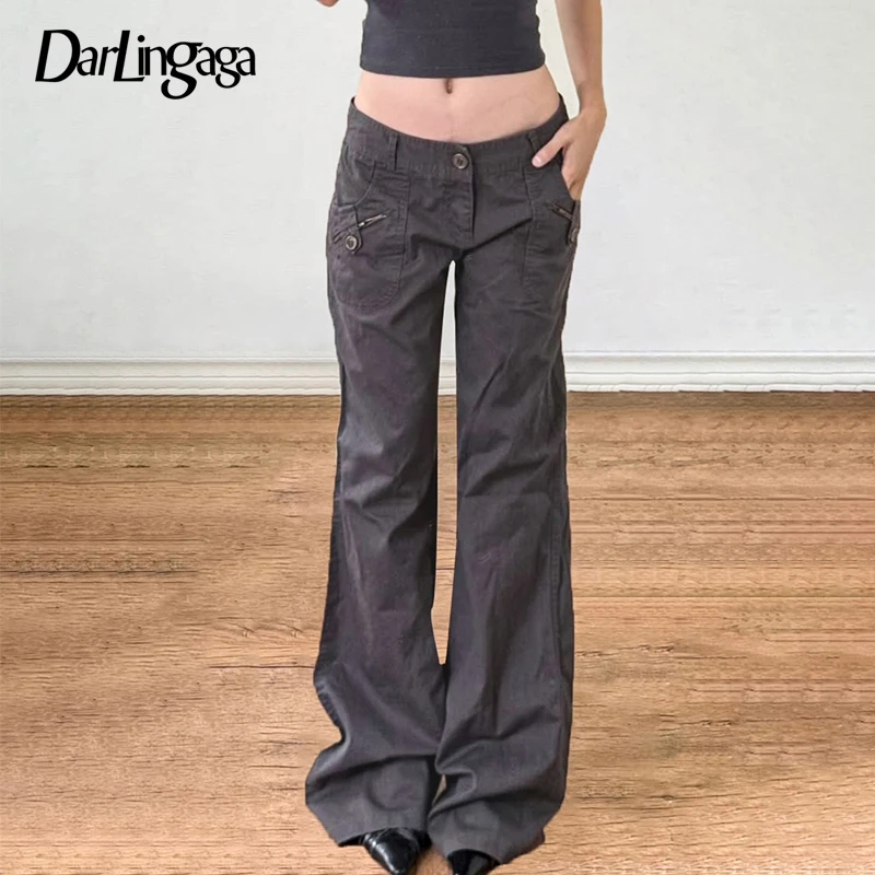 

Darlingag American Style Grey Button-Fly Flared Jeans Women Slimming Multi Pockets Decorated Denim Bottoms Streetwear Solid Pant