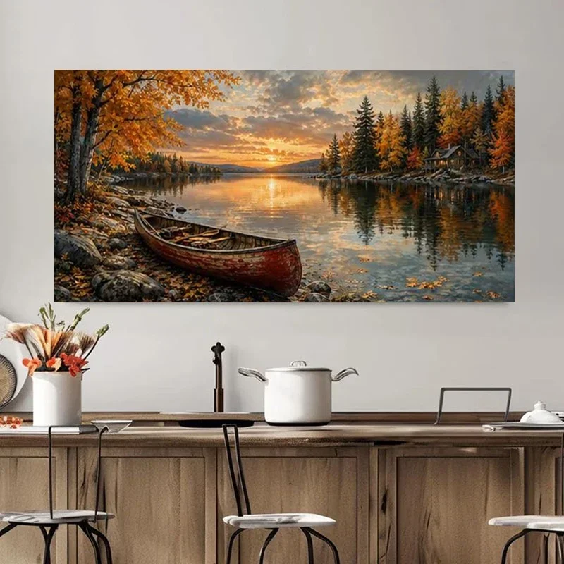 Multiple sizes 1pc frameless  Large size Canvas Painting,Red Canoe on An Autumn Lake Landscape Poster and Prints Canvas Painting