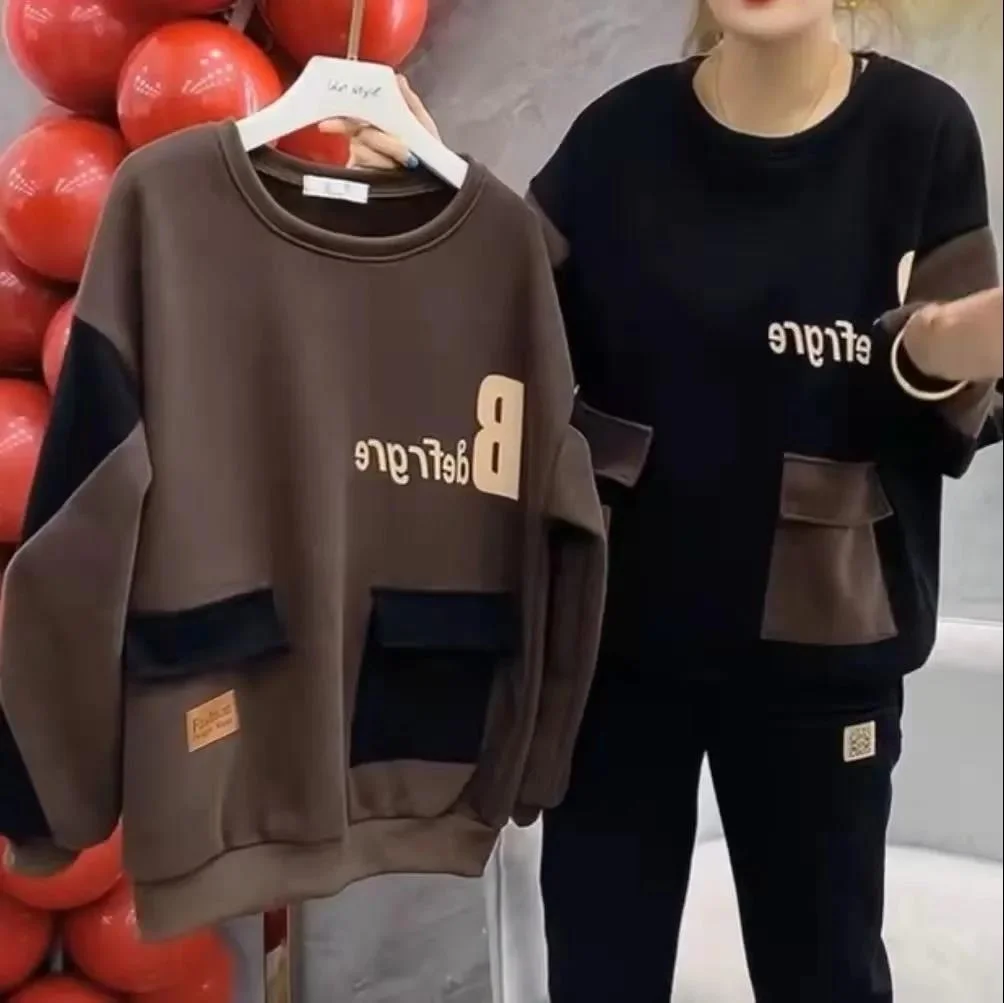 트렌디한 프린트 패치워크 후드티 캐주얼 슬림핏 패셔너블 겨울 2025 여성 스웨트셔츠 한국 스타일