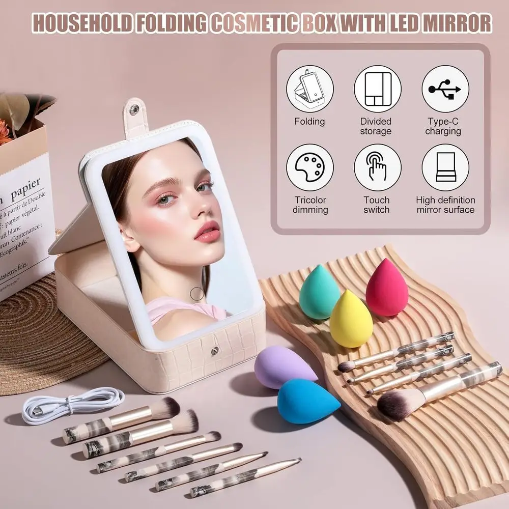 Miroir de maquillage LED portable avec ensemble de pinceaux de 15 pièces et éponge pour une beauté améliorée en déplacement