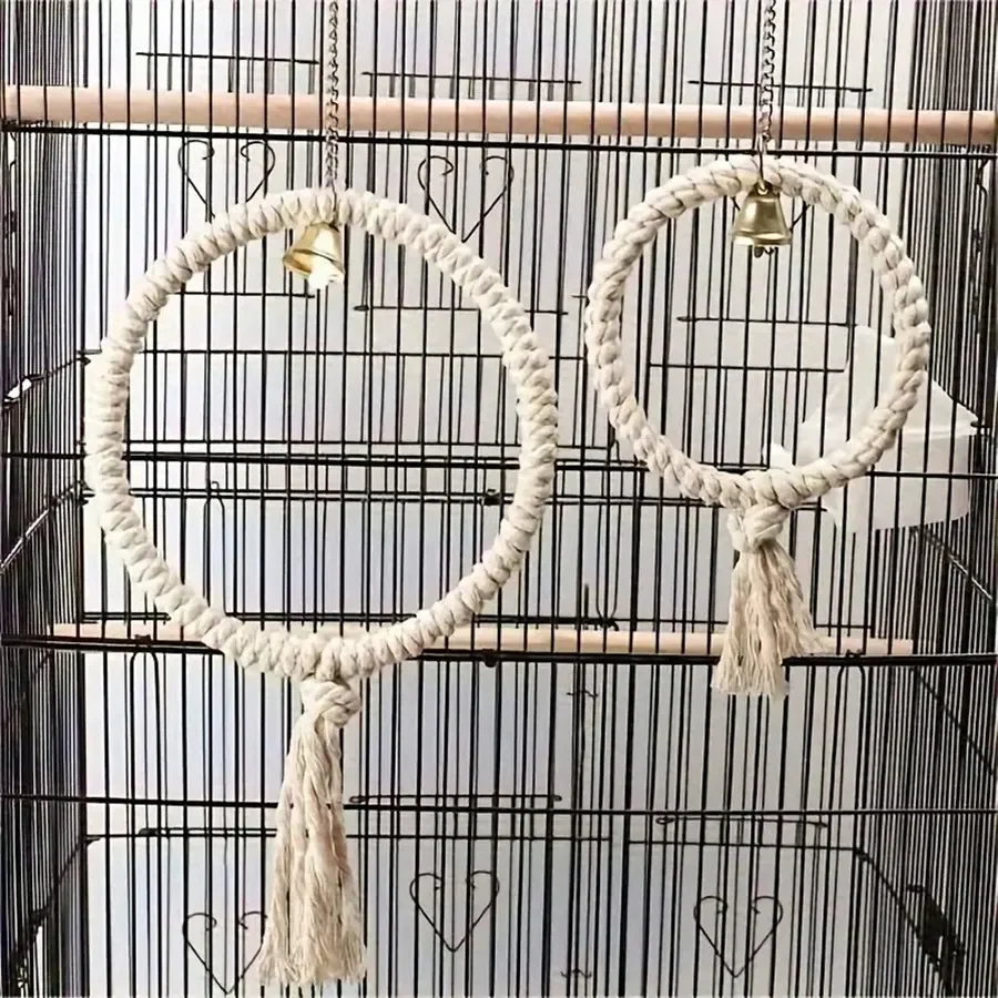 Natürliches Hanfseil-Vogelspielzeug mit Glocke, Groß 7,87 Zoll, Klein 5,31 Zoll, Papageienkäfig-Zubehör zum Klettern, Kauen und Dekorieren