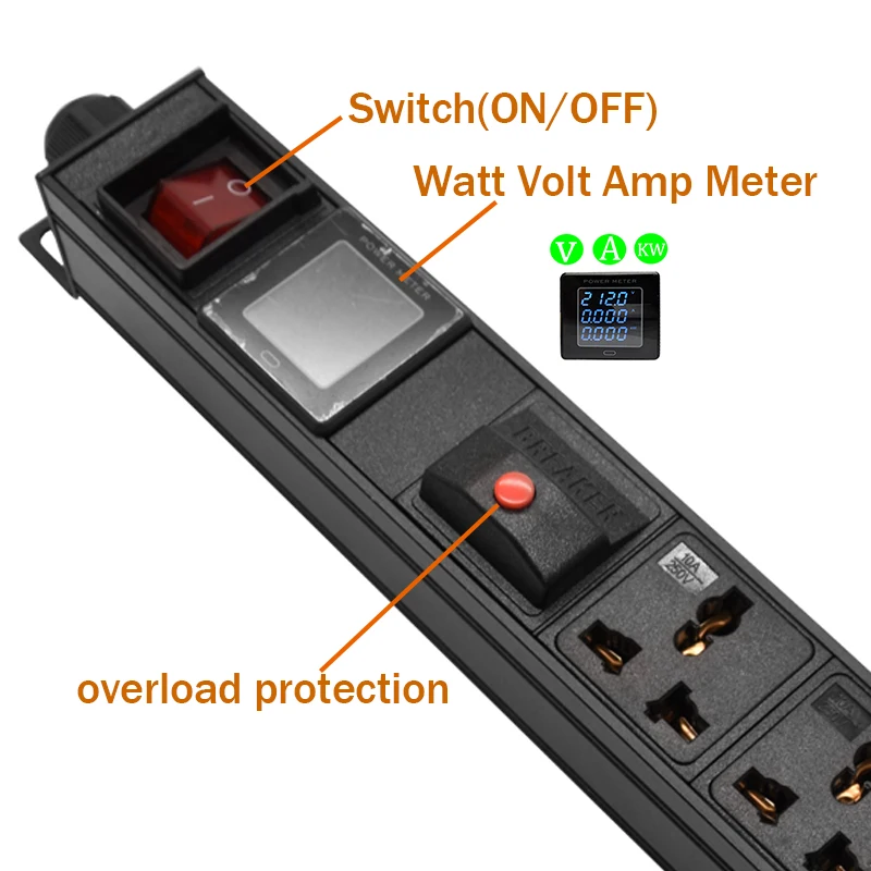 New Aluminum Case 16A AC 2 jacks 1U Universal PDU output IEC Power Cord Socket illuminated ON OFF Switch Ammeter With 2M wire