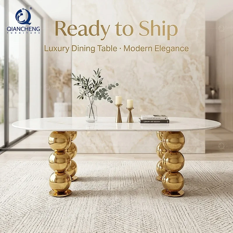 SF Luxury Oval Marble Dining Table for Villa Sample Room Gold Stainless Steel Base Home Furniture