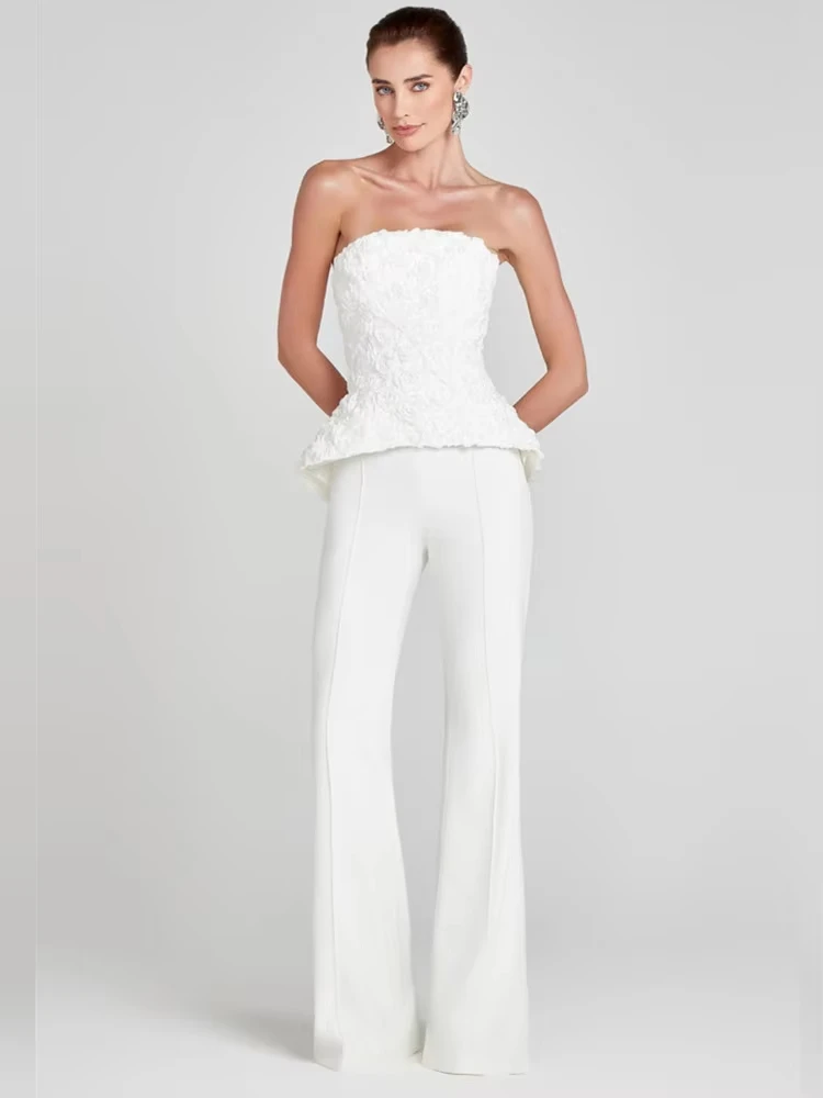 2025 Set da donna invernale sexy senza spalline fiore bianco due pezzi pantaloni fasciatura set celebrità designer moda donna