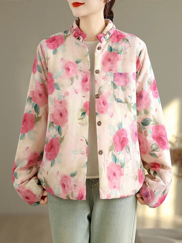 

Young Sle красивое хлопковое пальто с цветочным принтом, тонкое хлопковое пальто с деревянным воротником, женское зимнее свободное теплое хлопковое пальто