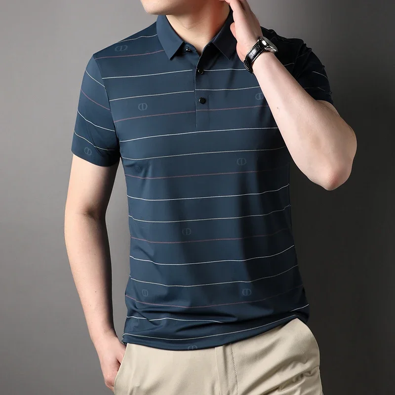 Ice Silk Cool Lapel Polo-Shirt Boys Summer Clothes for Men T-shirt Middle-aged Casual Seamless Striped Tops Tee S6038