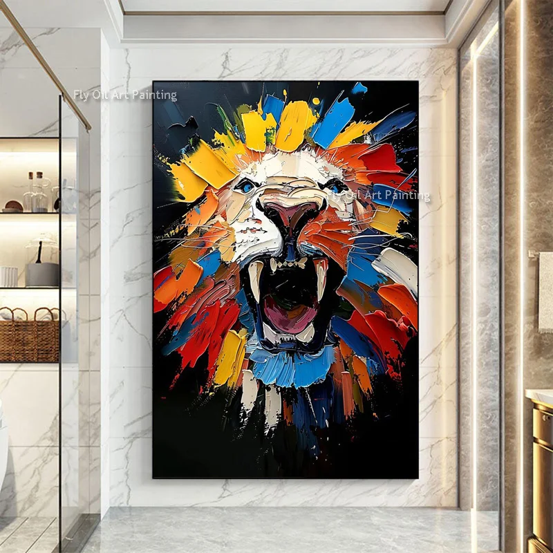 Abstract Animals Head Oil Painting Handmade New Original Design Artwork Black Yellow Red Lions Wall Art Decor For Room As Gift