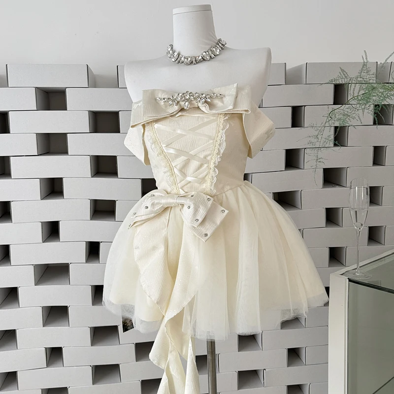 

Gentle Apricot Mini Dress Elegant Women Slash Neck Evening Party Short Dress Female 2026 New Lace Bowtie Elastic Dresses Ladies