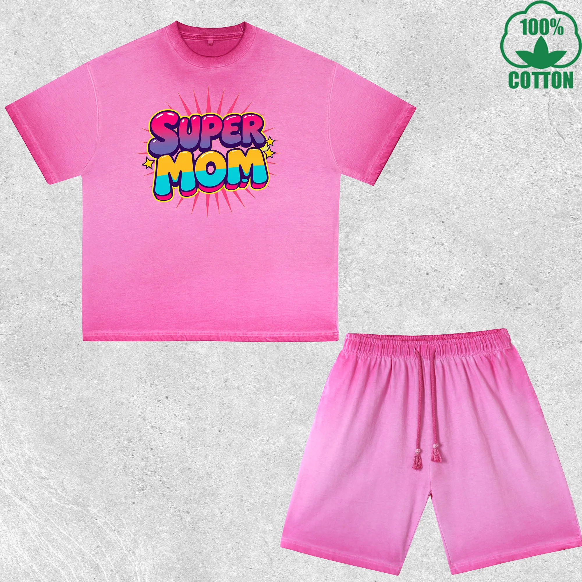 

Super Mom Printed Dirty Wash T-Shirt Shorts Set Multicolor Combo Loose Trendy Fashionable 100%Cotton Short Value Pack