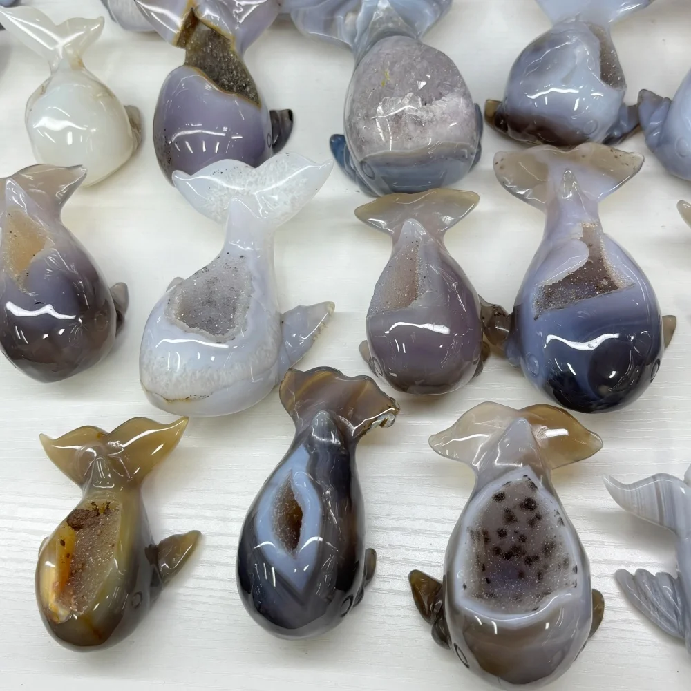 Natural Agate Geode Carved Whale Figurine With Druzy Crystal Gemstone Sea Animal Statue Reiki Healing Home Desktop Ornament