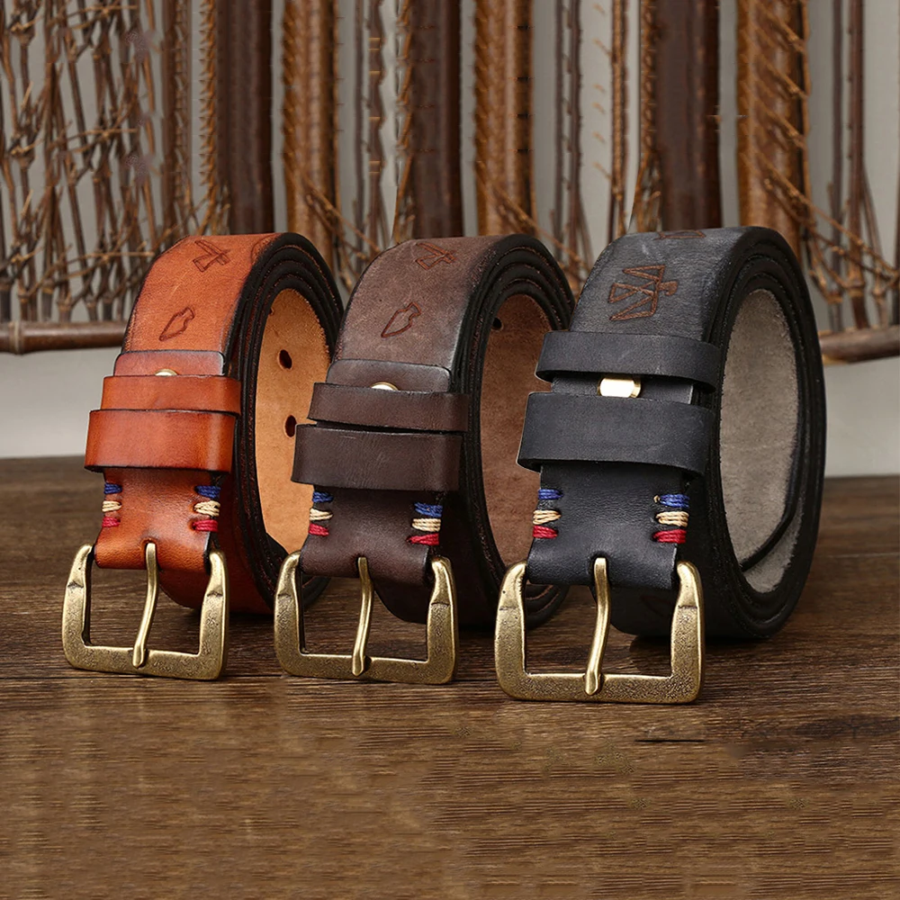 FAJARINA Retro Laser Carving Thickened Pure Cowhide Belt for Men N17FJ1243