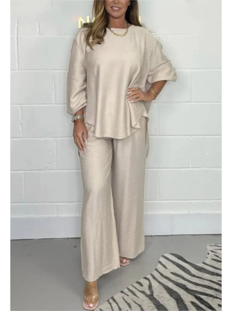 

CPSYMYM Женский костюм Повседневный свободный однотонный атласный комплект из 2 предметов Весна-осень Новая блузка Топ + брюки Комплекты повседневной носки Элегантный Outfi