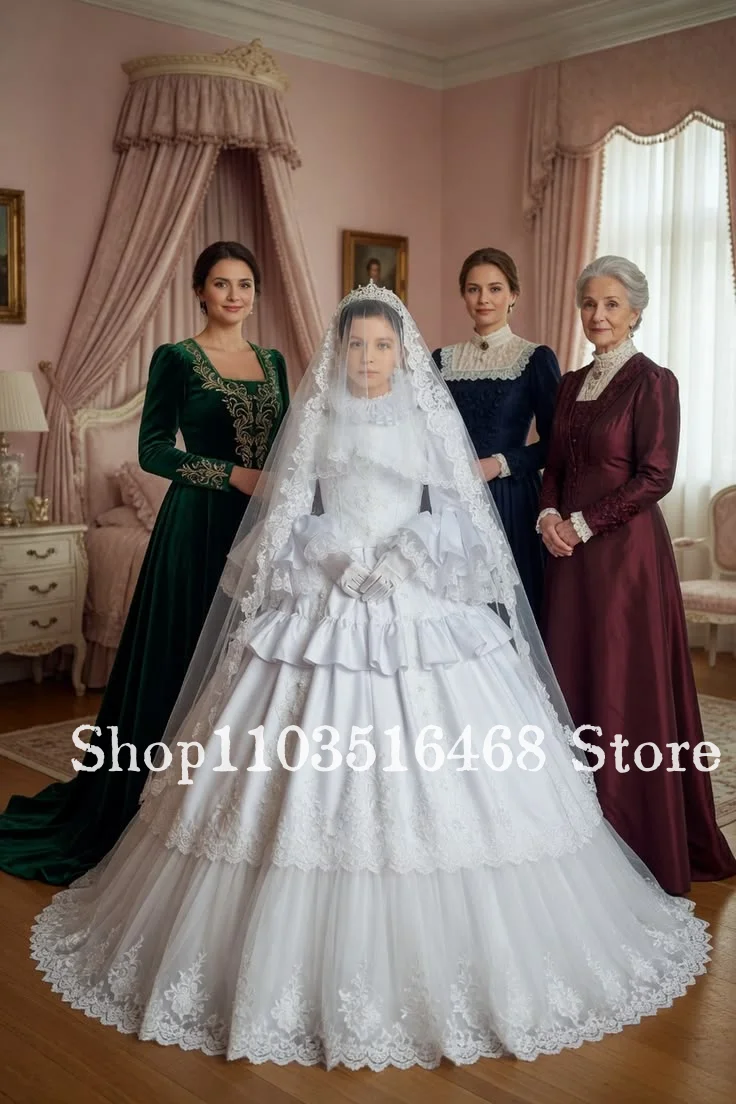 Vestido de Primera Comunión Victoriano Blanco Puro, Cuello Alto, Encaje en Capas, Vestido de Gala con Volantes, Vestido de Primera Comunión Católica Personalizado