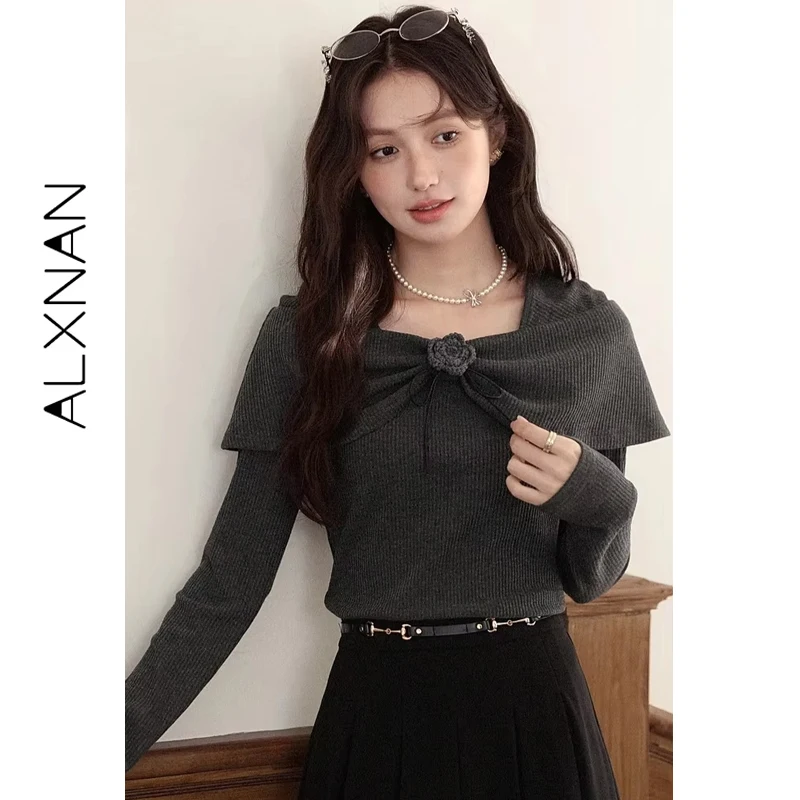 ALXNAN حجم كبير بلوفرات غير رسمية مائل الرقبة انفصال زهرة بروش سليم صالح تريكو لينة لطيف ركاب تاريخ الملابس D58518 #3