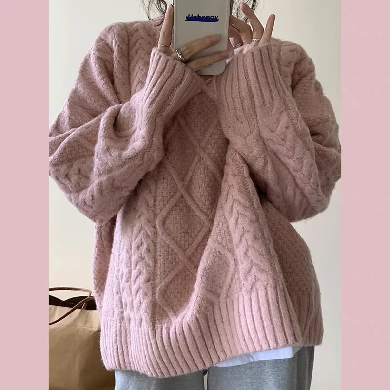 

Autumn Winter Fashion Ladies Thickened Oversized Lazy Style Knitted Sweater round Neck Long Sleeve 3D Effect Casual Wear