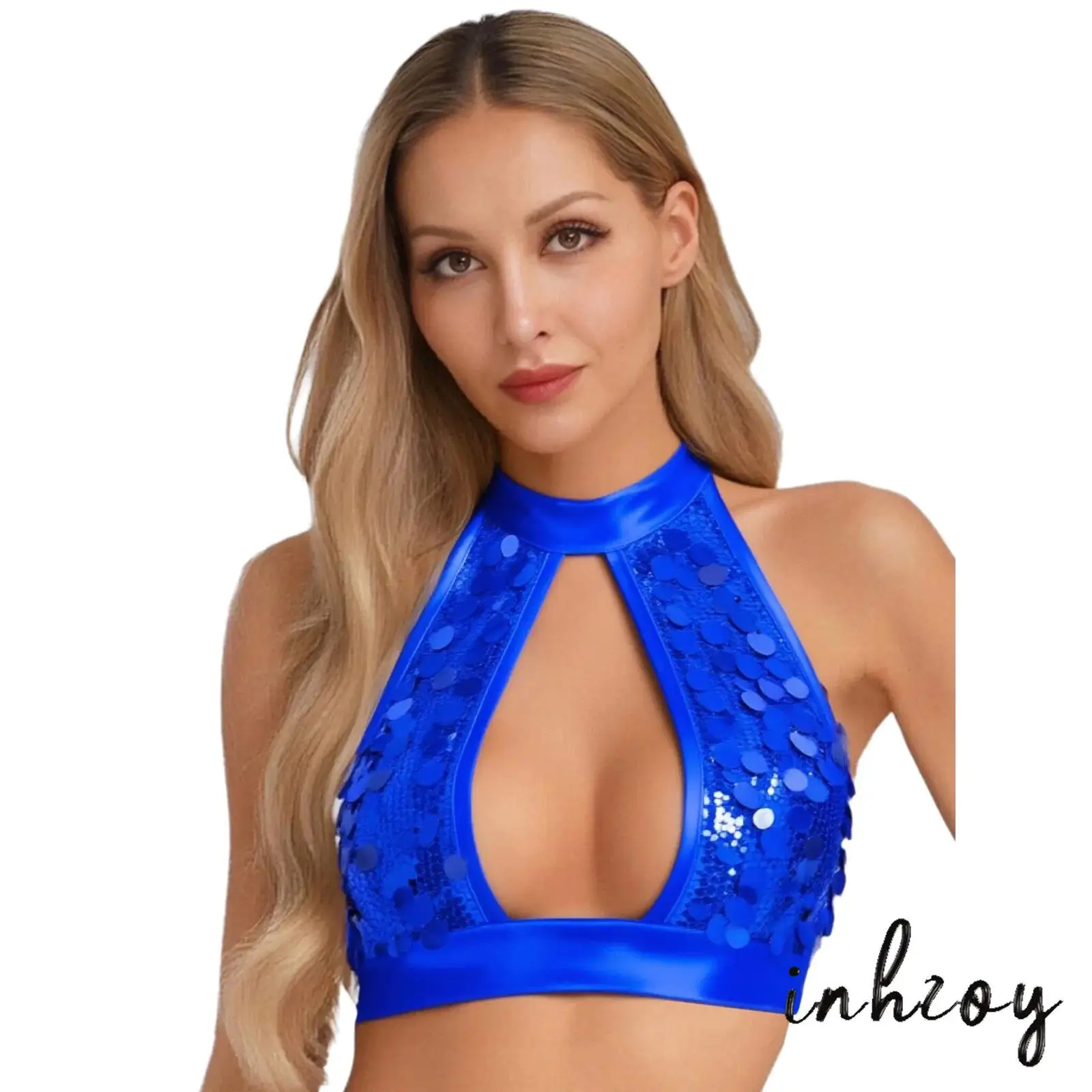 

Womens Sparkle Sequin Crop Top Disco Party Dance Tops Sleeveless Glitter Front Cutout Design Camis Tank Top Ladies Rave Clubwear