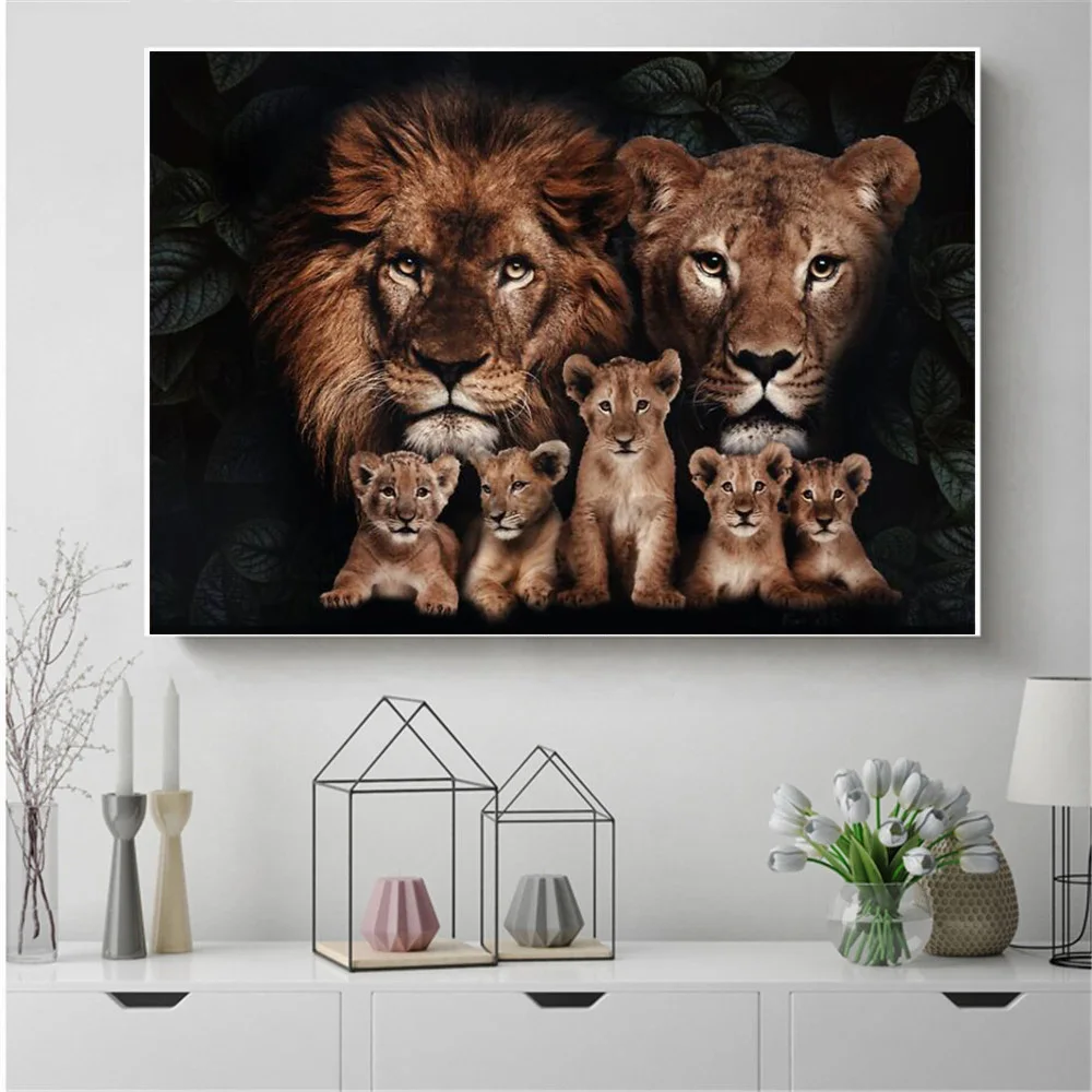 Lion Lioness with Cubs Canvas Painting Black White Animal Poster and Prints Wall Art Picture for Living Room Home Decor