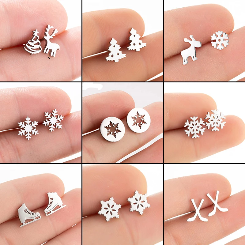 Christmas Stainless Steel Tree Snowflake Earring for Women Asymmetry Ear Jewelry Girls New Year Deer Earrings Gifts Accessories
