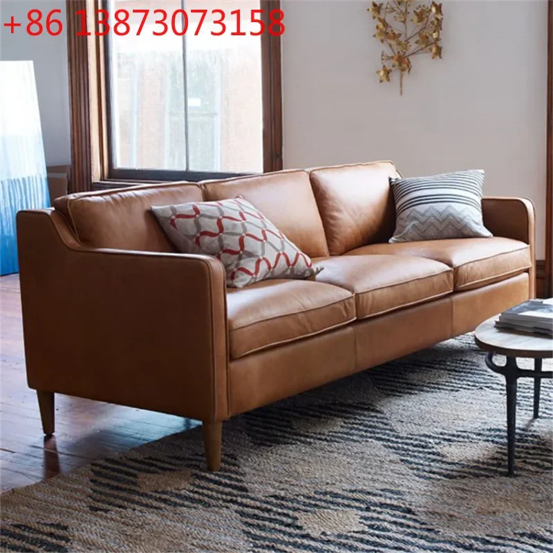 Leather first layer cowhide Nordic living room post-modern simple Hong Kong-style small apartment retro  leather sofa