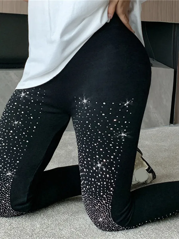 ブラックラインストーンスキニーパンツ-レディースレギンス-ストレッチパールソング-伸縮性ウエストバンド-おしゃれカジュアルボトムス