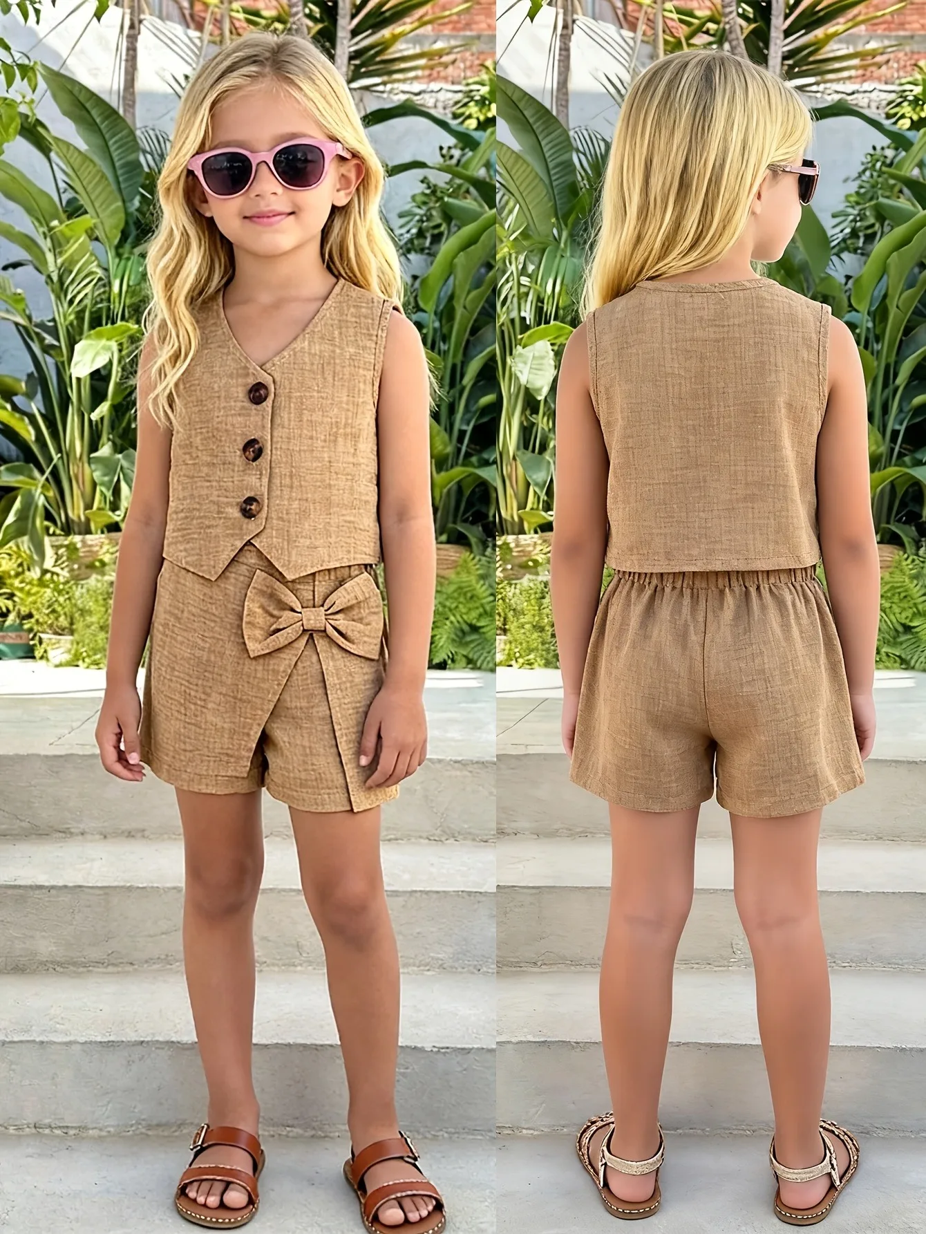 2-teiliges Outfit-Set für Mädchen aus Leinenmischung, ärmellose Weste mit 3 Knöpfen und V-Ausschnitt sowie Skort-Shorts mit Schleifendekor – Detail 1