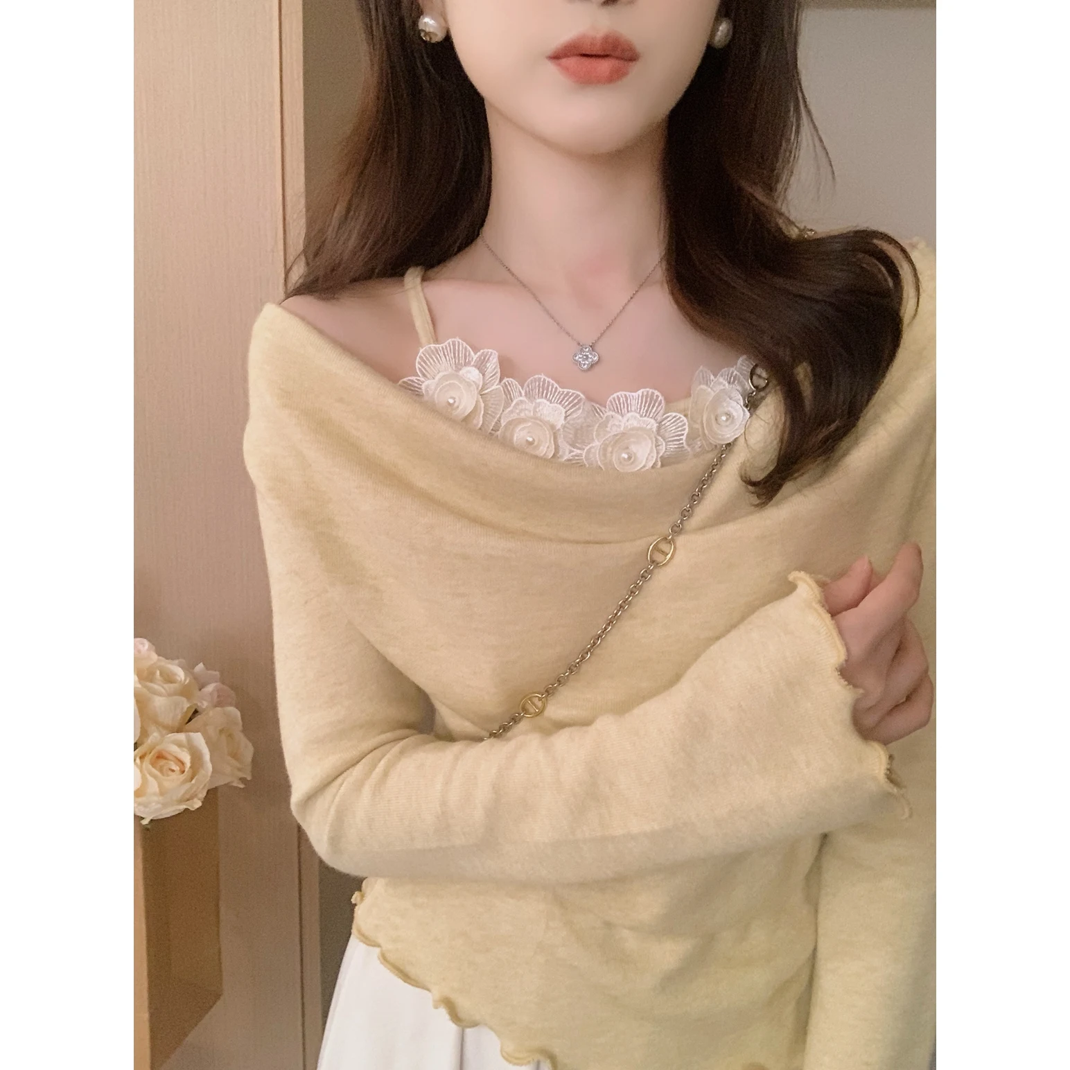 

Anli Gentle Pearl Flower Design Трикотаж Осенне-зимний свитер с мягким воротником Ele Long Sve Футболка Женский модный топ