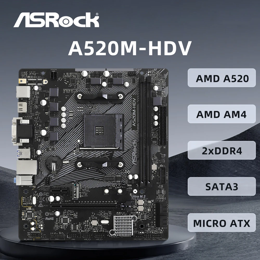 ASRock A520M-HDV Motherboard AMD B450 AMD Supports 5950X 5800X3D 5700X 5600X 5600G CPU 4xDDR4 Micro ATX AM4 Mainboard