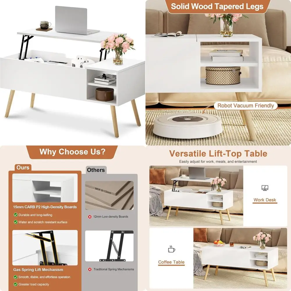 

Подъемный журнальный столик с подъемной столешницей, ножками из массива дерева, местом для хранения и открытыми полками - 40 для гостиной