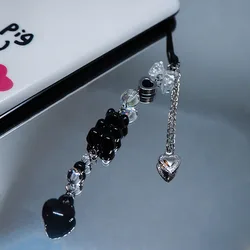 Black Clear Bear Mobile Phone Chain Y2K Bow Keychain Love Charms Pendant Cute Cellphone Strap Lanyard Gothic Punk Accessories