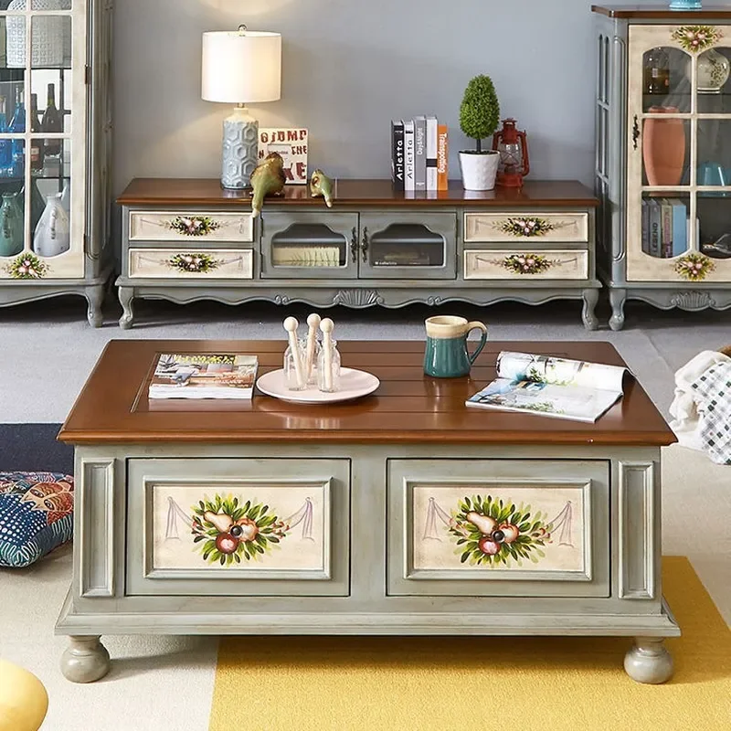 Solid Wood TV Stand Coffee Table Retro Living Room Furniture Small Apartment Media Console Floor Cabinet Mediterranean Style