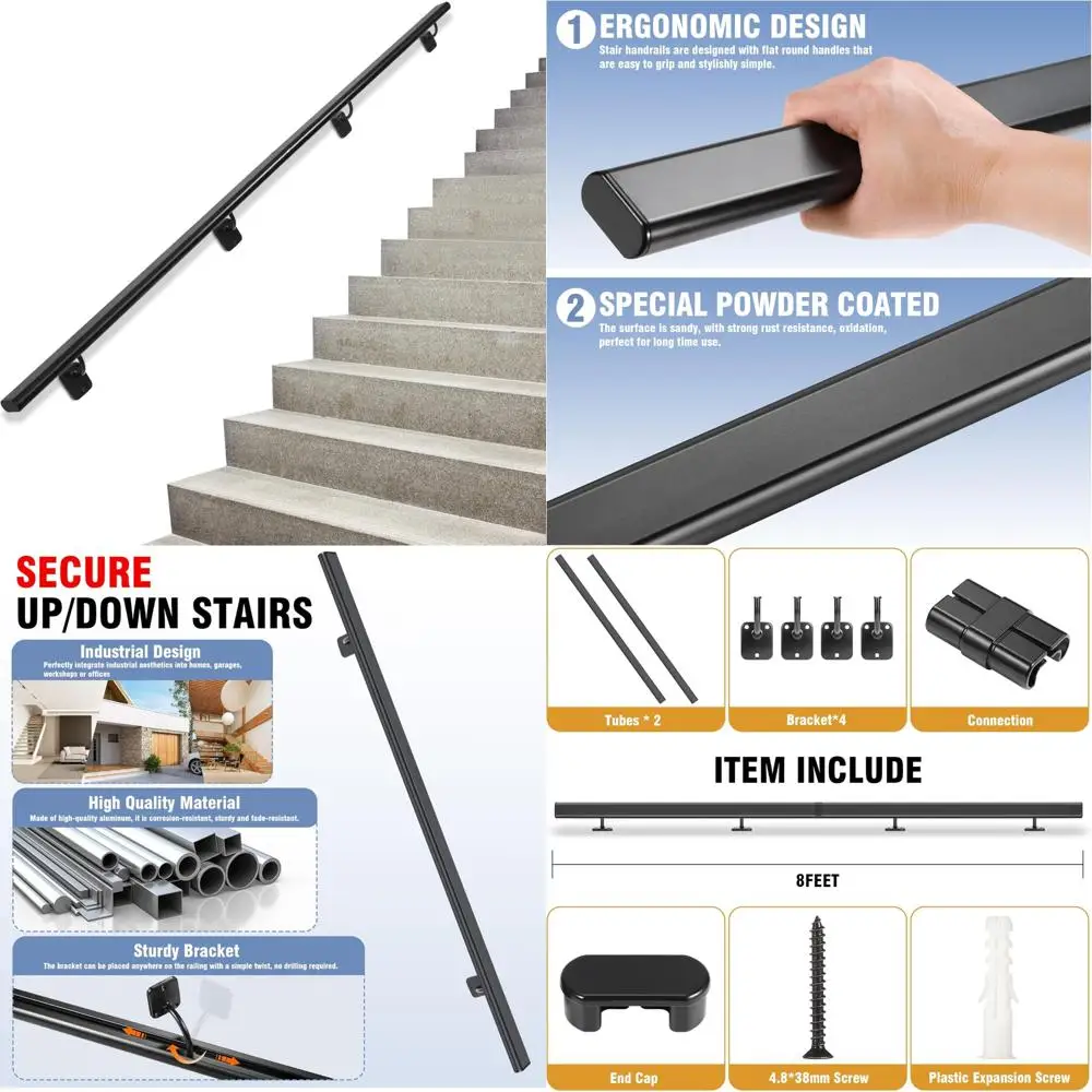 

Indoor Metal Handrails for Stairs - Black Wall-Mounted Staircase Handrail System with Industrial Design for Safety and Style