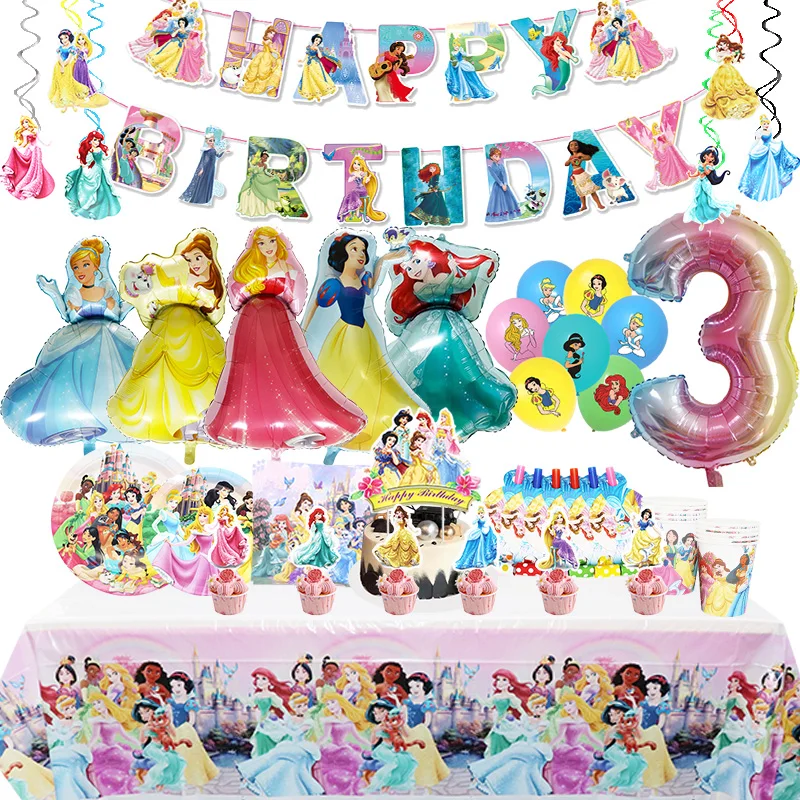 Disney Princess Birthday Party Decoration Aluminum Foil Balloon For Kid Event Supplies Disposable Tableware Banner Backdrop Gift