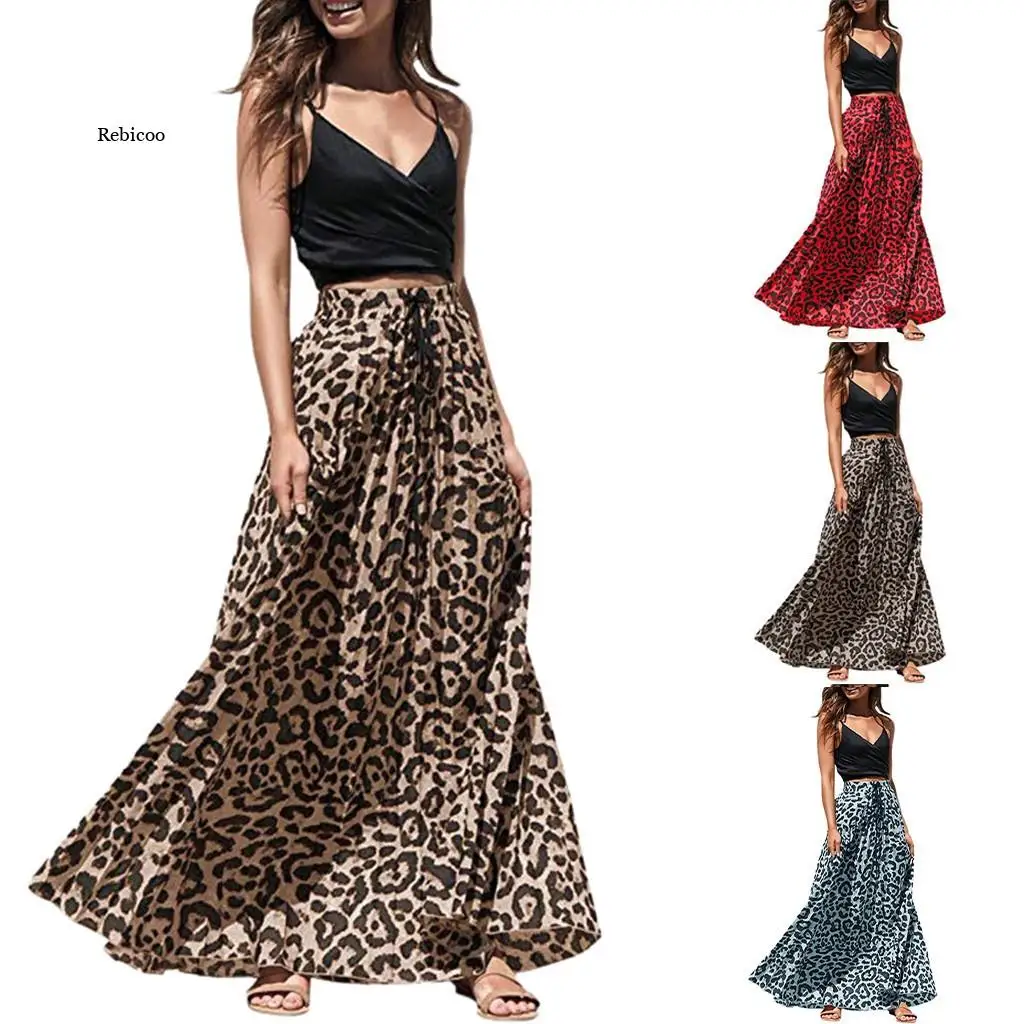 Gonna bohémien a vita alta con coulisse lunga stampa leopardata moda formale Casual boho gypsy per le donne di grandi dimensioni